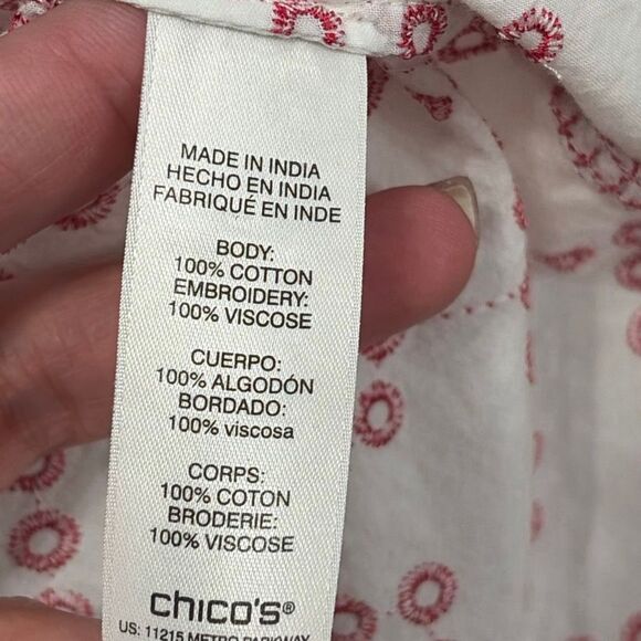 Chico’s White Red Embroidered Boho Cotton Tunic Top Size 2 Large - Picture 6 of 7